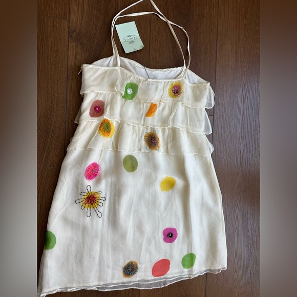 Tocca 100% Silk Cream Dress with Colorful Floral Accents and flowy layers - Picture 11 of 13
